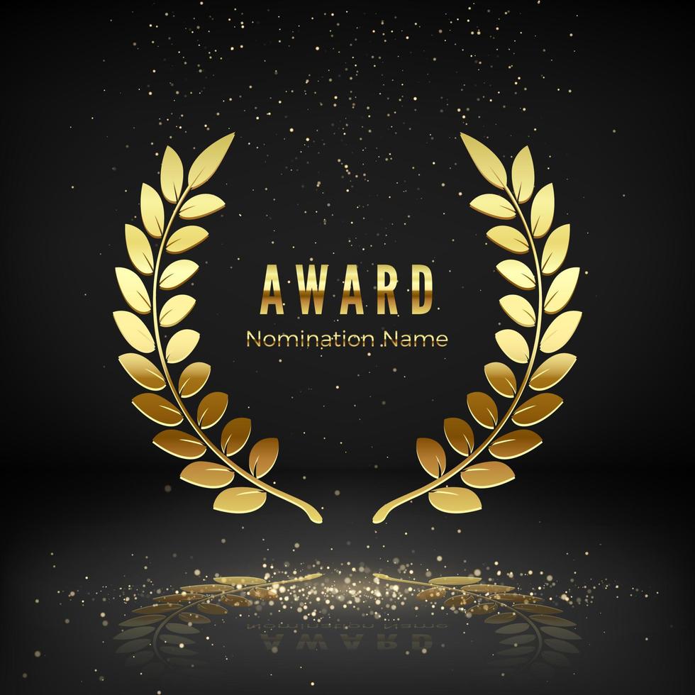 Gold award emblem with falling confetti. Laurel wreath on dark background. Icon of golden laurel branch.  Rewarding the best. Vector illustration