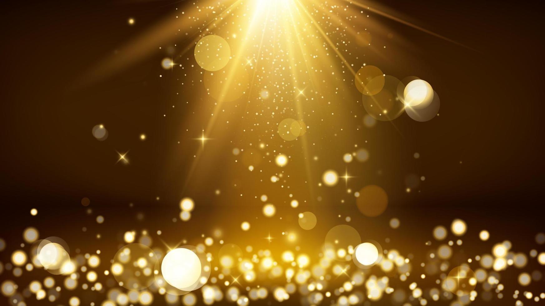 Light rays and golden falling glittering dust. Shiny spotlight or scene. Blurred lights bokeh. Vector illustration