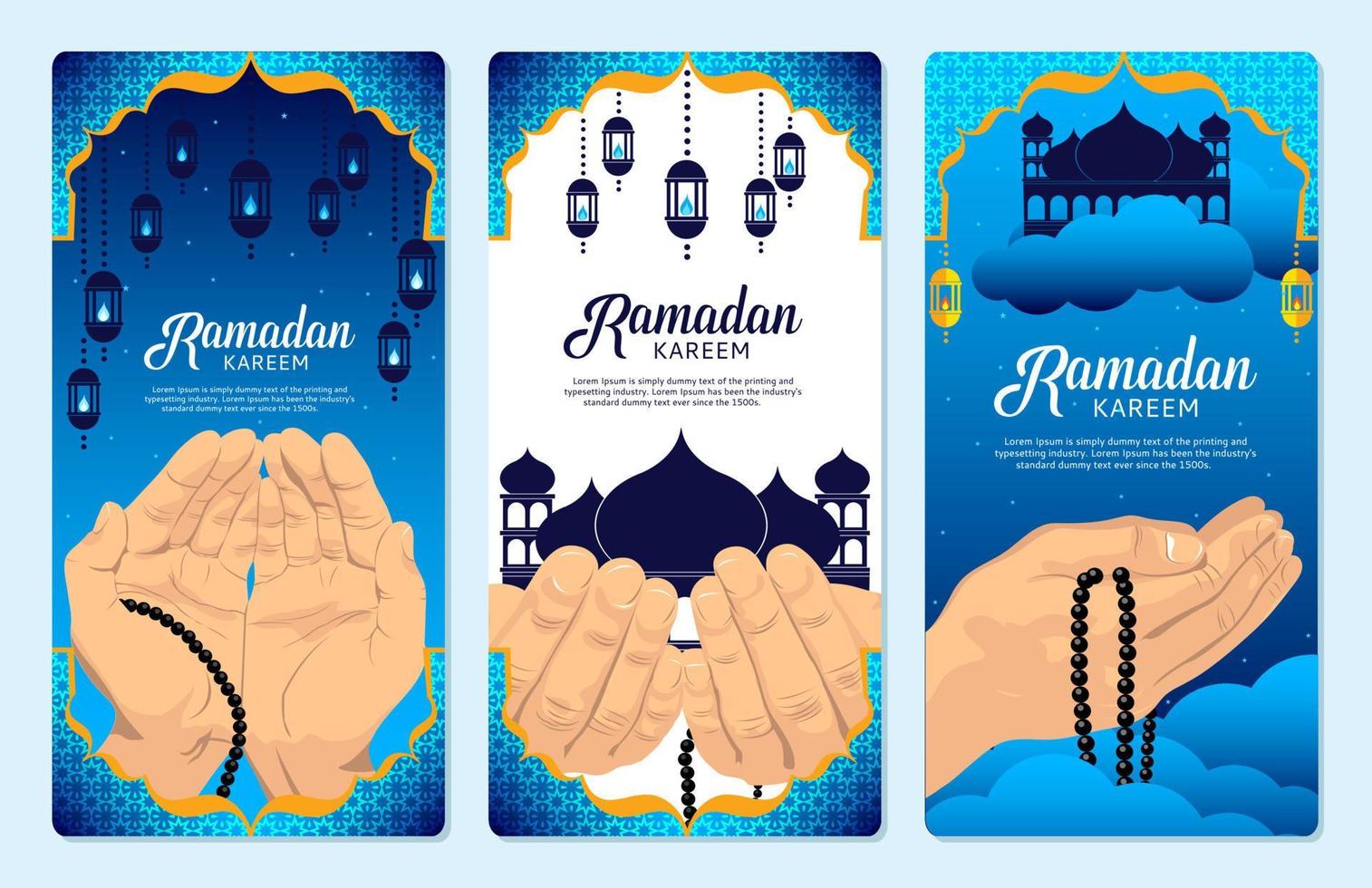 a set of cards with ramadan and hand praying vector