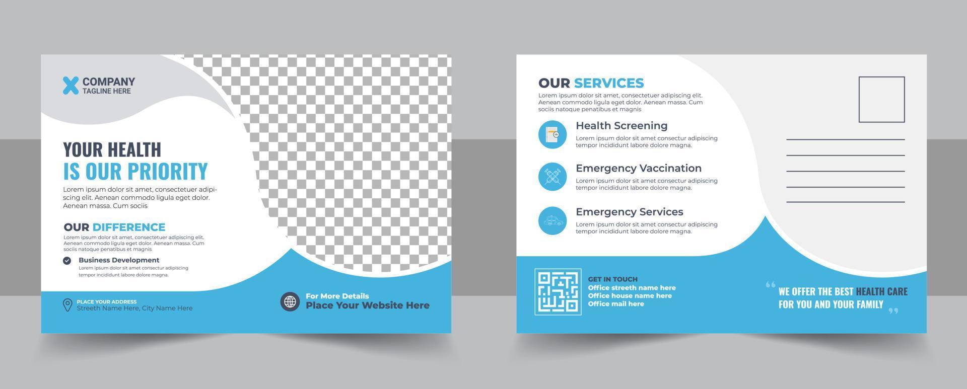 Health care, dental care medical postcard template, Medical and healthcare postcard flyer template vector