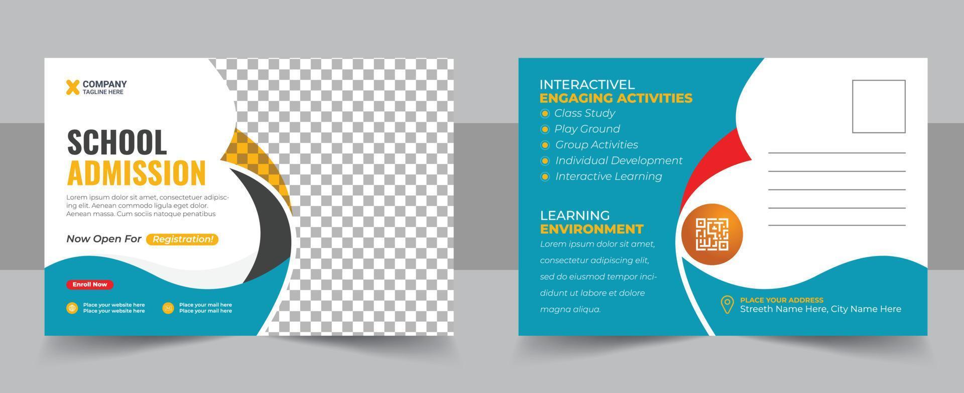 Kids back to school education admission postcard template. Modern professional school admission postcard template design vector