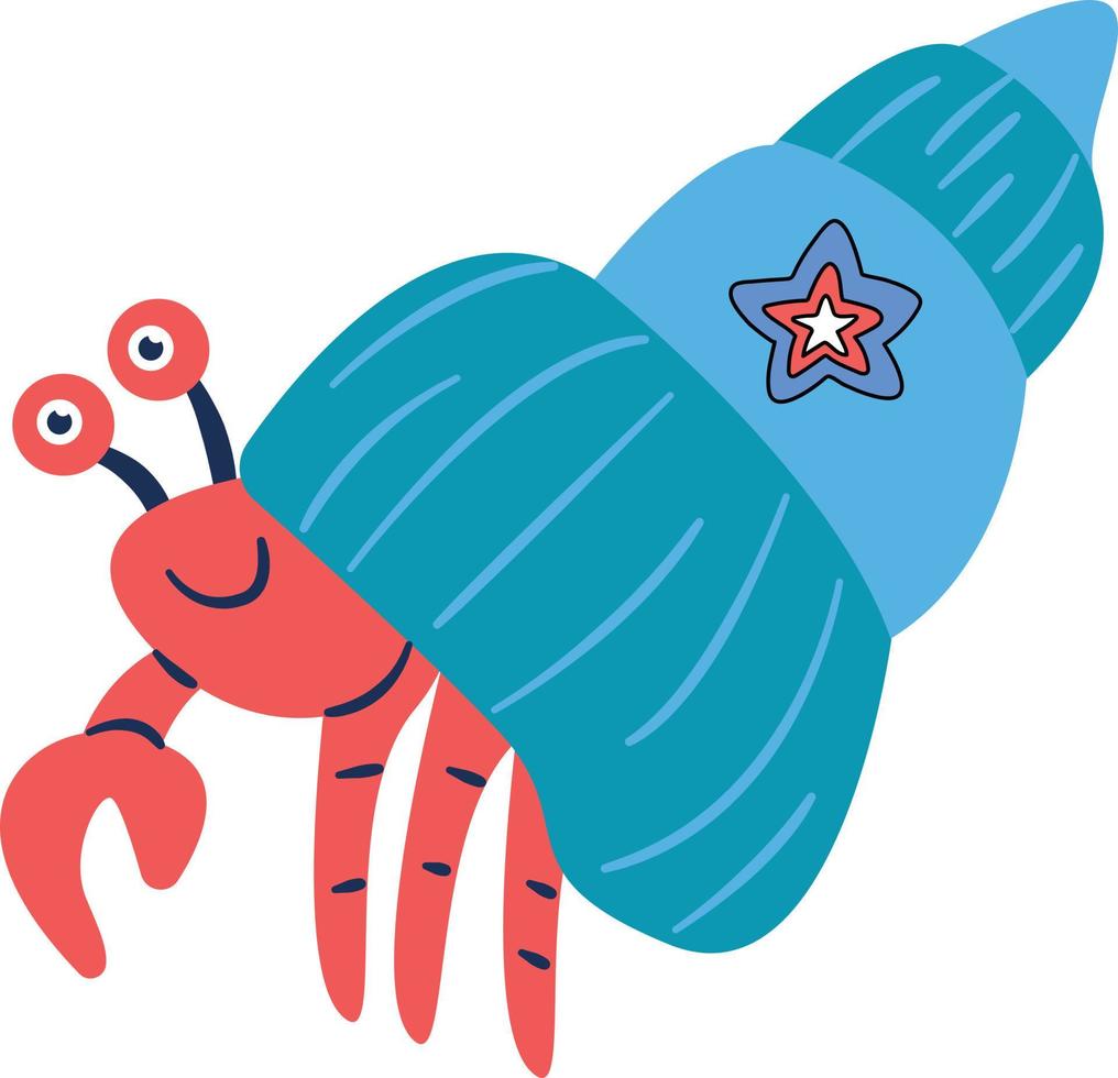 Vector happy hermit crab cartoon character in a shell waving for greeting vector hand drawn illustration