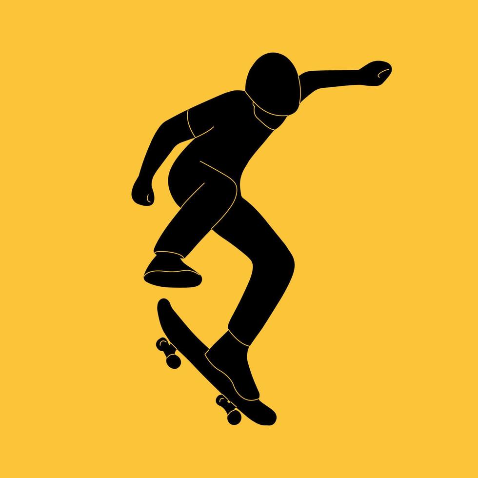 Teenager makes a jump on a skateboard. Black silhouette of a young man in a helmet with a skate on a yellow background. Vector illustration.