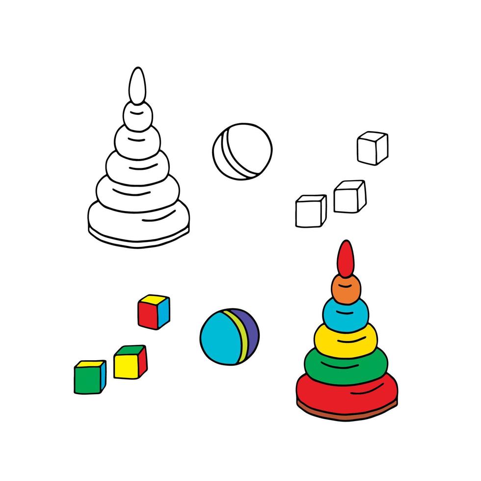 Children toys cartoon vector icons. Bright pyramid, ball and cubes on a white background. For your design greeting cards, books, textiles and more.