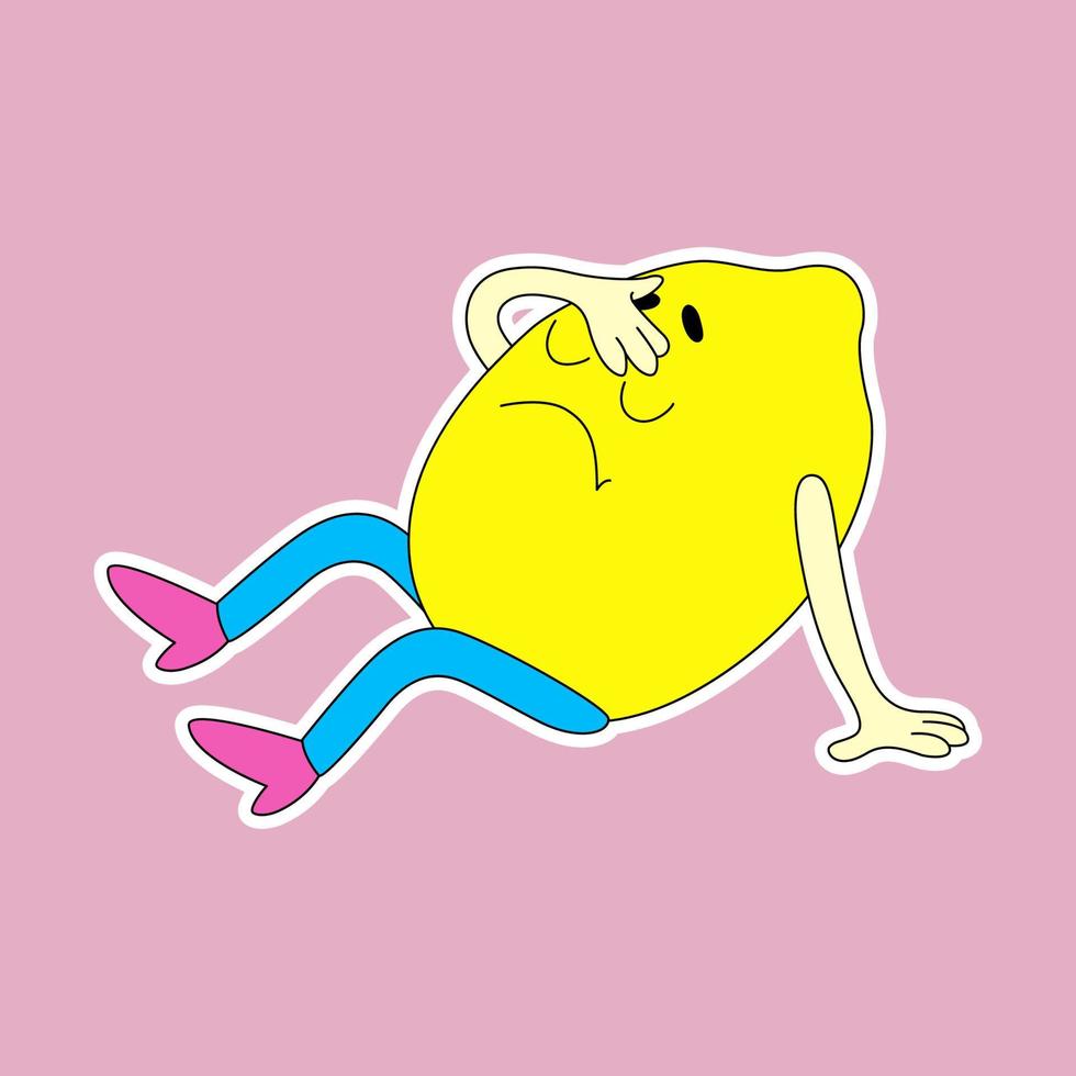 Funny cartoon character Lemon with the emotion of fatigue and headache. Cute retro-style fruit sticker. vector
