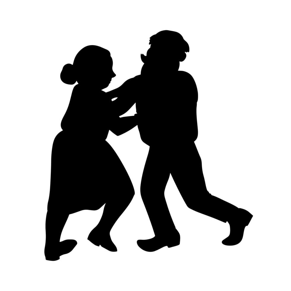 Elderly dancers. Happy old people have fun. Active pensioners. Retro vintage black silhouette of dancers. Silhouette of a couple dancing swing, rock or lindy hop. vector