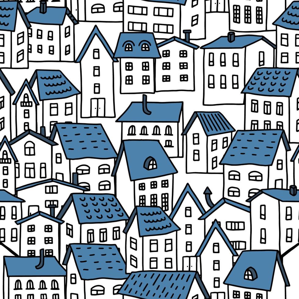 sin costura vector modelo con dibujos animados casas en garabatear estilo. blanco una historia casas con azul techos griego estilo. para postales, fondo de pantalla, envase papel y textiles.