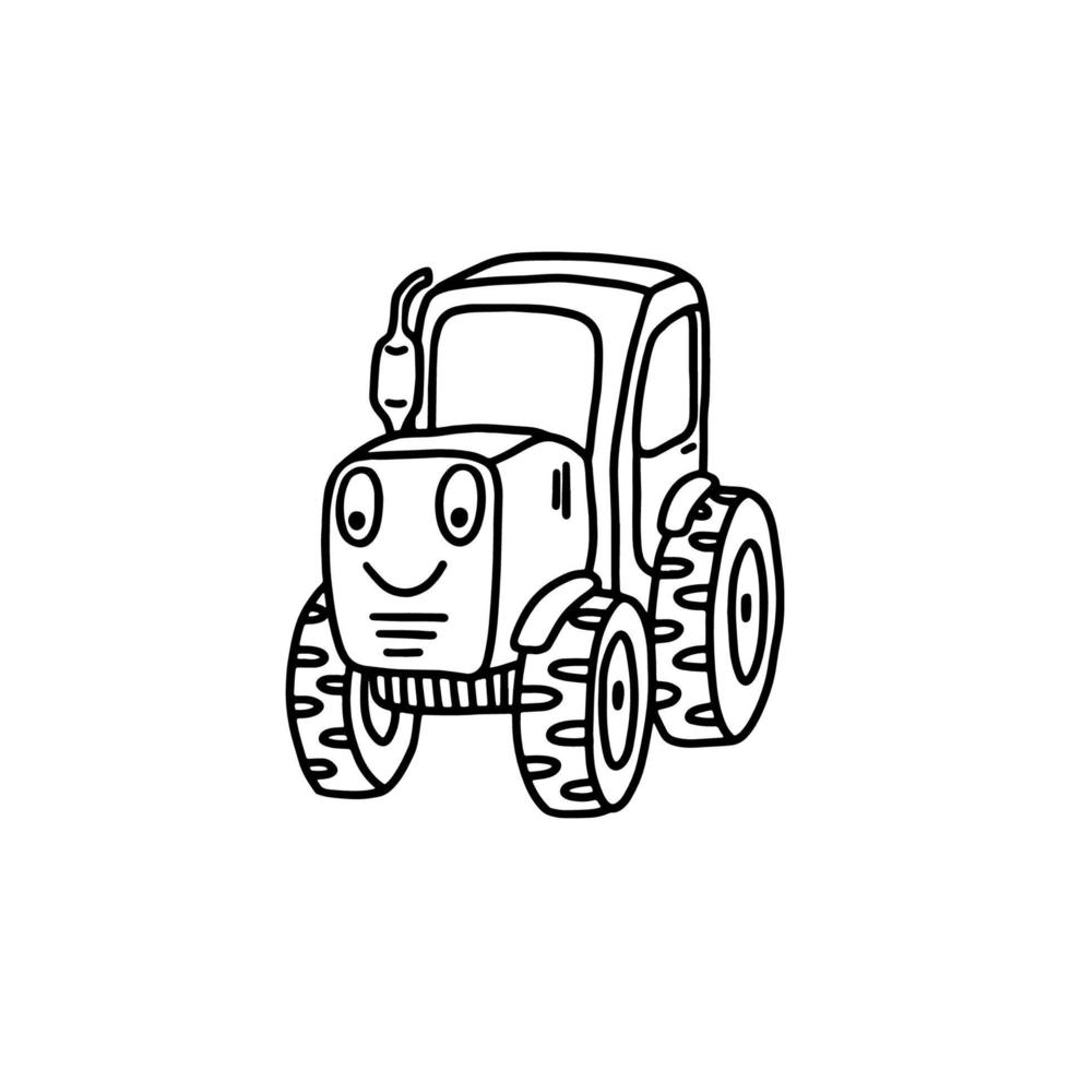 Funny toy tractor in black outline style on a white background. Children's toy. Coloring book for children. Vector illustration.