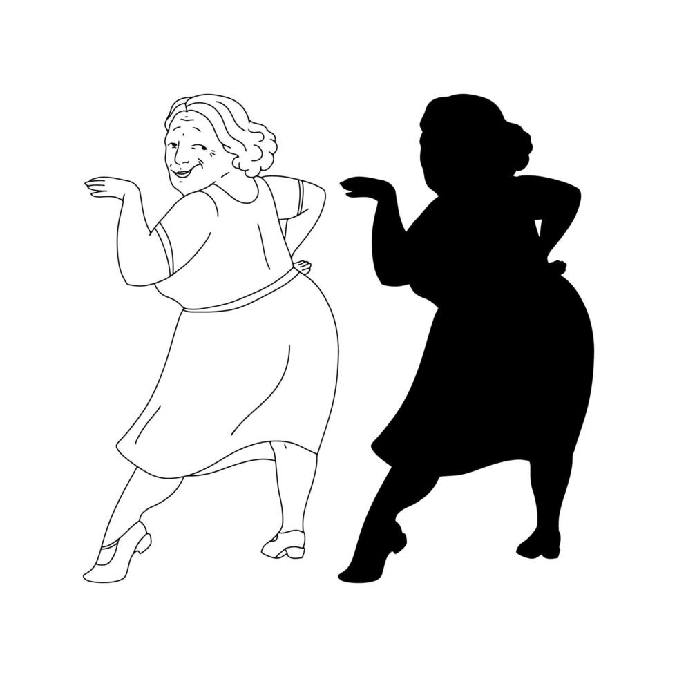 Cheerful old lady is dancing. Happy granny having fun. Active pensioner. Retro vintage black silhouette. Swing, rock or lindy hop. vector