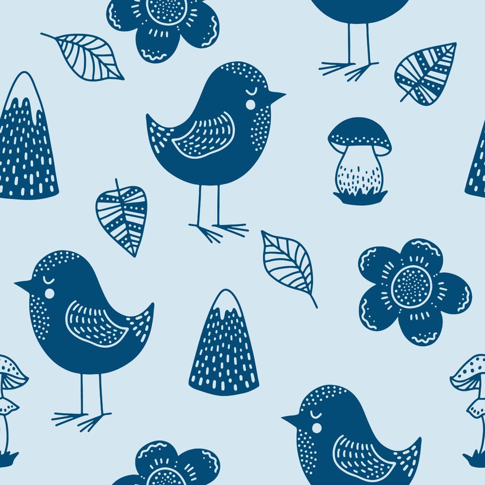 Cute kids Scandinavian seamless pattern with funny birds. Sparrow, mushrooms, mountains, leaves and flowers. Cartoon illustration with doodles for baby shower, nursery decor, children design. Vector. vector