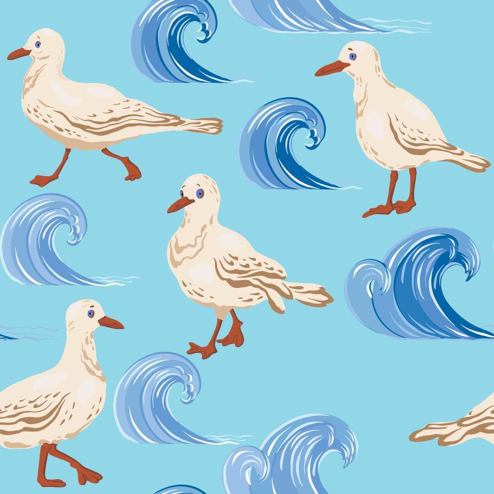 Seamless pattern with funny gulls and anchors on a pink background. In the style of the cartoon. For banners, textiles, wrapping paper, Wallpaper, etc. Vector illustration.