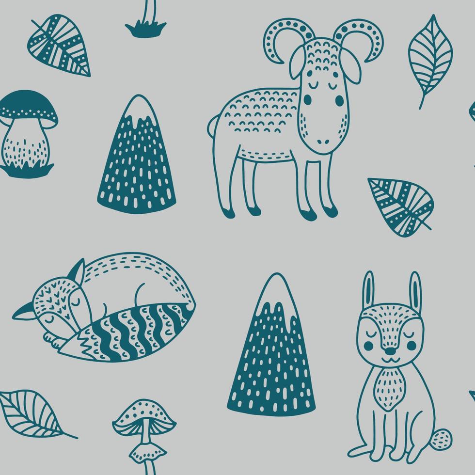 Cute kids Scandinavian seamless pattern with funny animals. Rabbit, sheep, forests, mountains and mushrooms. Cartoon illustration with doodles for baby shower, nursery decor, children design. Vector. vector