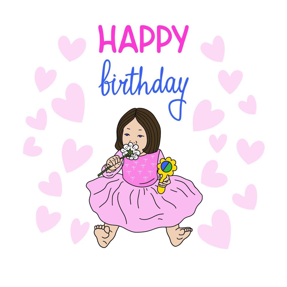Cute little girl in a beautiful dress. Lettering happy Birthday and pink hearts. My daughter party. Bright vector illustration in cartoon style. For registration of children holidays.