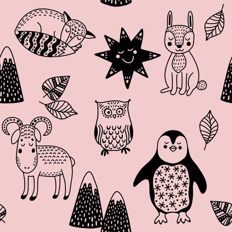 Cute kids Scandinavian seamless pattern with animals. Rabbit, sheep, fox, penguin, owl, mountains and leaves. Cartoon illustration with doodles for baby shower, nursery decor, children design. Vector. vector