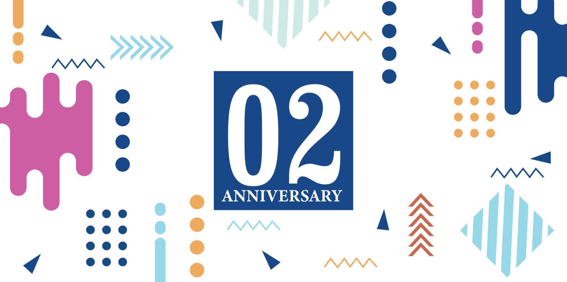 02 años aniversario celebracion logotipo blanco números fuente en azul forma con vistoso resumen diseño en blanco antecedentes vector ilustración