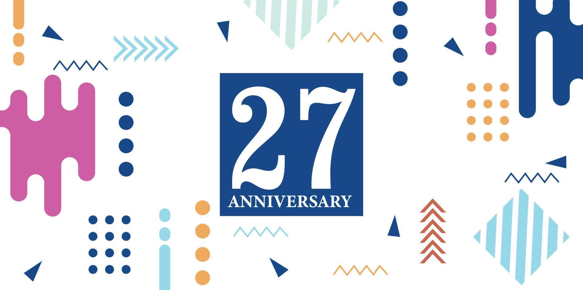27 años aniversario celebracion logotipo blanco números fuente en azul forma con vistoso resumen diseño en blanco antecedentes vector ilustración
