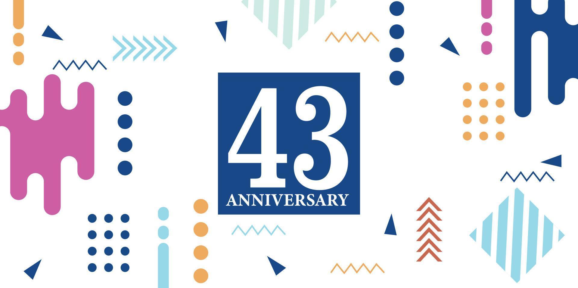 43 years anniversary celebration logotype white numbers font in blue shape with colorful abstract design on white background vector illustration