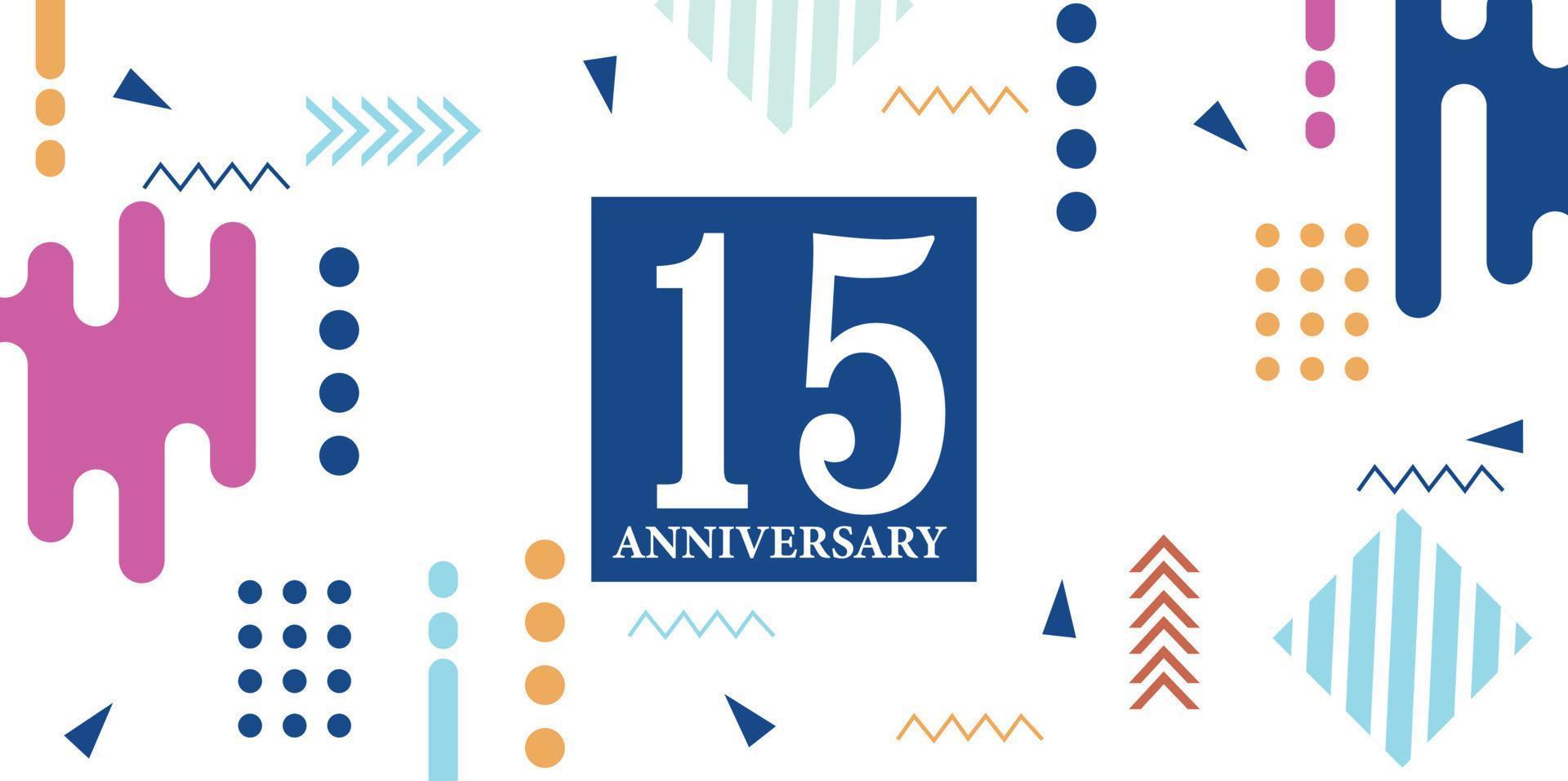 15 años aniversario celebracion logotipo blanco números fuente en azul forma con vistoso resumen diseño en blanco antecedentes vector ilustración