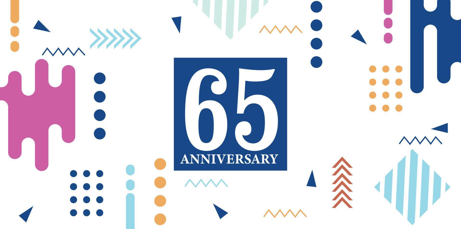 sesenta y cinco años aniversario celebracion logotipo blanco números fuente en azul forma con vistoso resumen diseño en blanco antecedentes vector ilustración