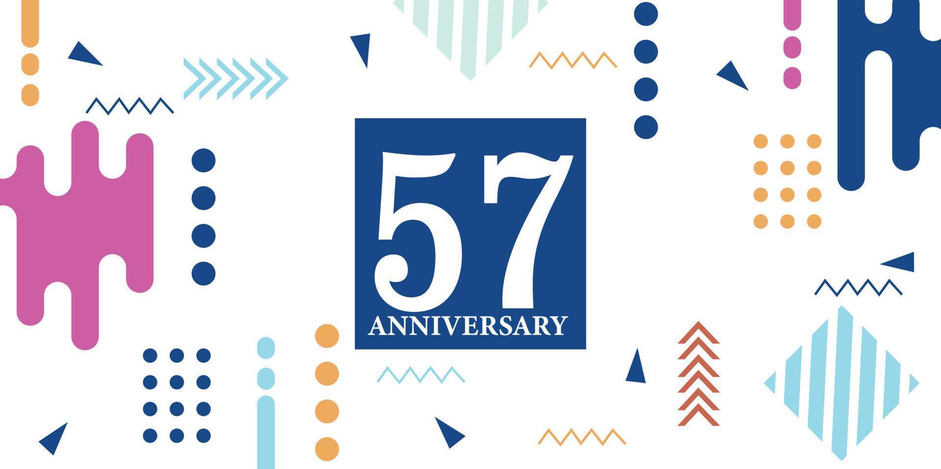 57 years anniversary celebration logotype white numbers font in blue shape with colorful abstract design on white background vector illustration