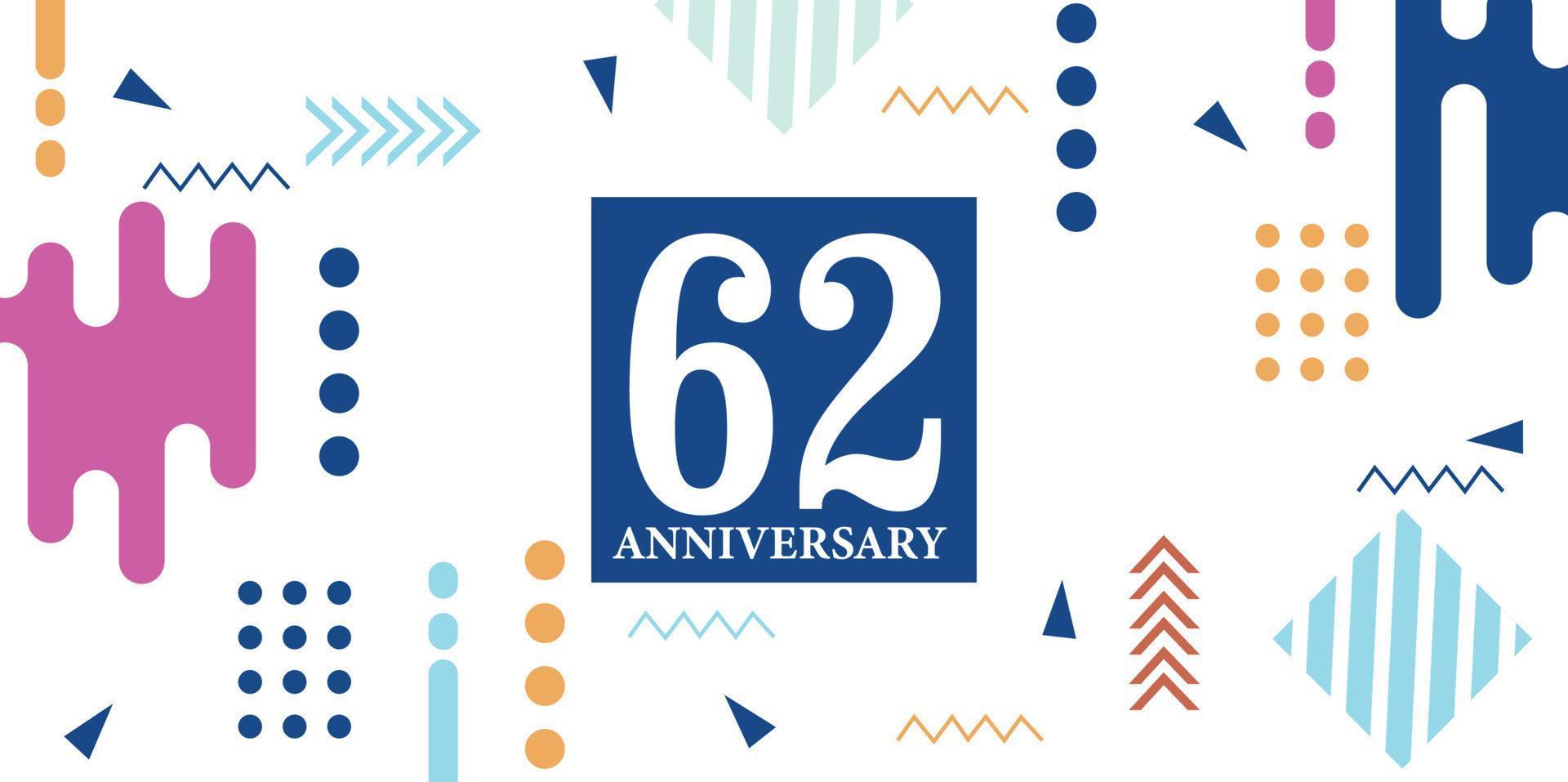 62 años aniversario celebracion logotipo blanco números fuente en azul forma con vistoso resumen diseño en blanco antecedentes vector ilustración