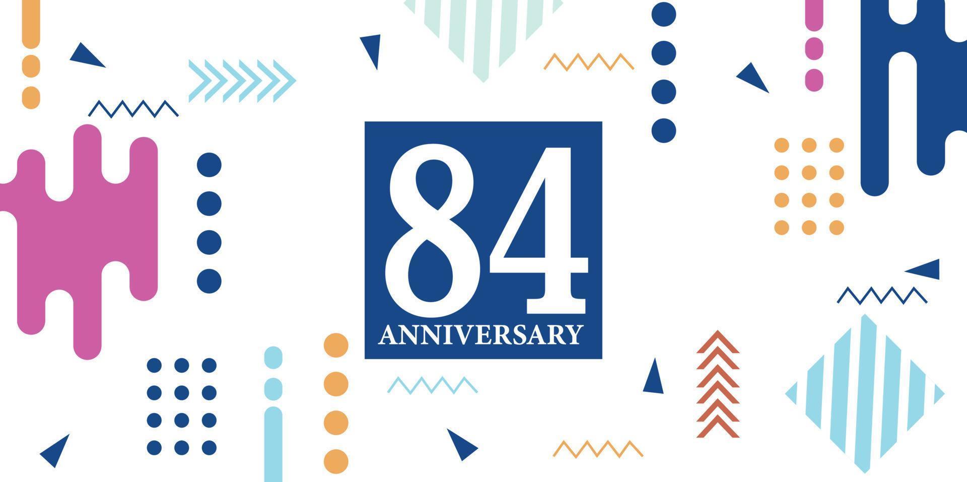84 years anniversary celebration logotype white numbers font in blue shape with colorful abstract design on white background vector illustration