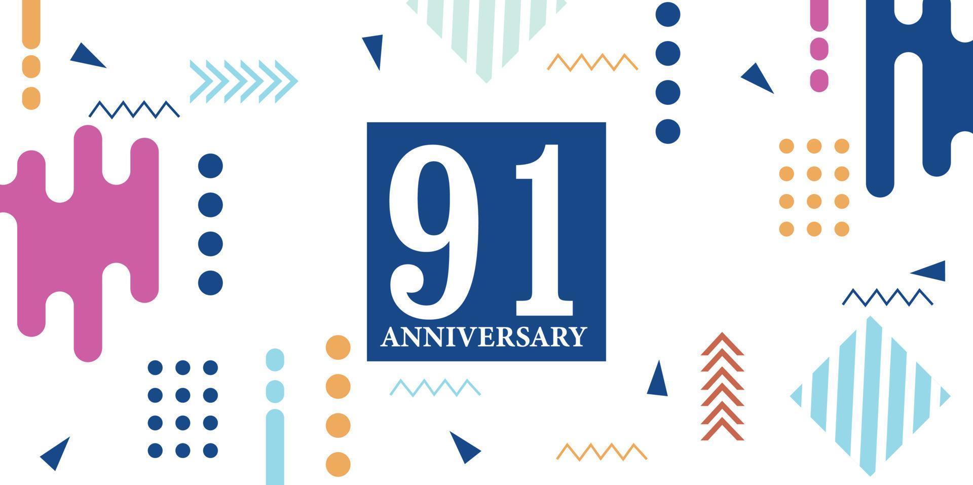 91 years anniversary celebration logotype white numbers font in blue shape with colorful abstract design on white background vector illustration