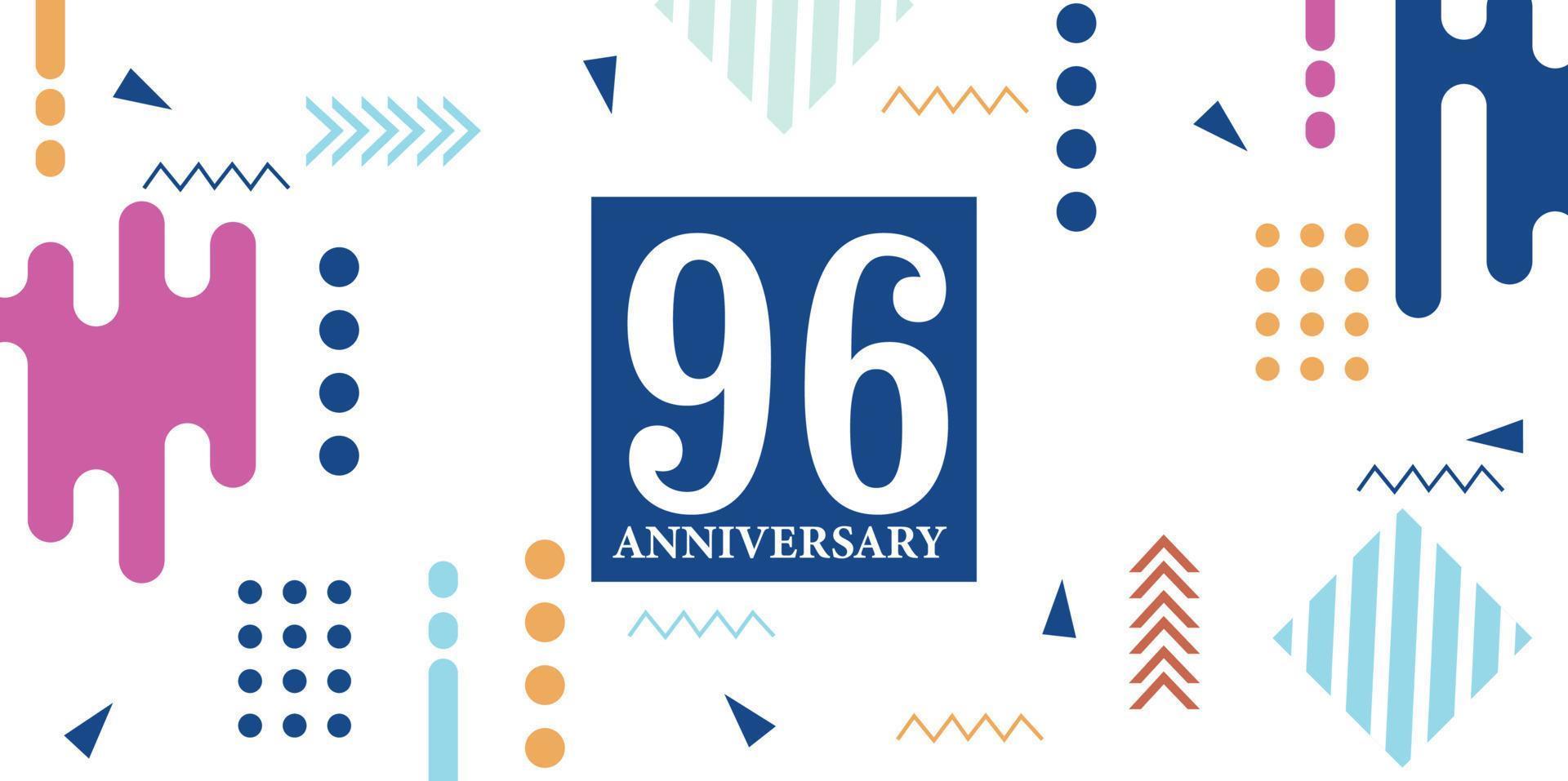 96 years anniversary celebration logotype white numbers font in blue shape with colorful abstract design on white background vector illustration