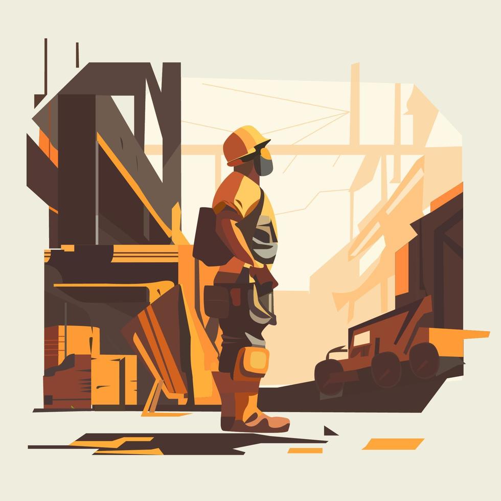 Construction worker with environment flat illustration vector