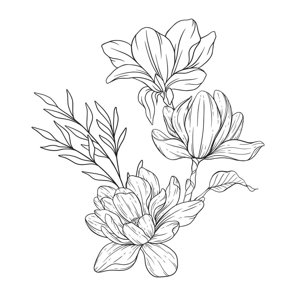 Floral Line Art. Magnolia Flower Outline for Floral Coloring Pages, Minimalist Modern Wedding invitations vector