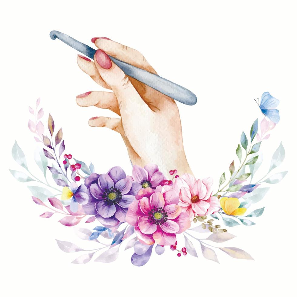 Vector knitting logo concept watercolor illustration, knitting and crocheting tools set