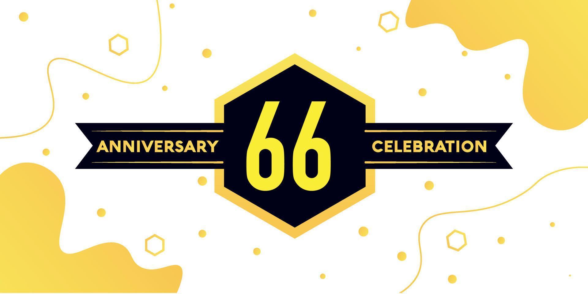 66 years anniversary logo vector design with yellow geometric shape with black and abstract design on white background template