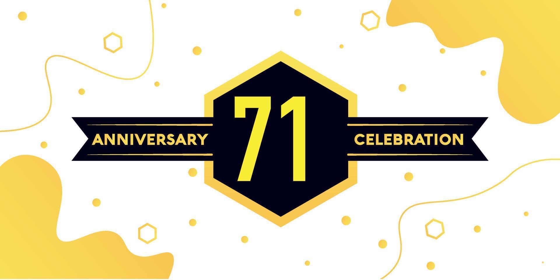 71 years anniversary logo vector design with yellow geometric shape with black and abstract design on white background template