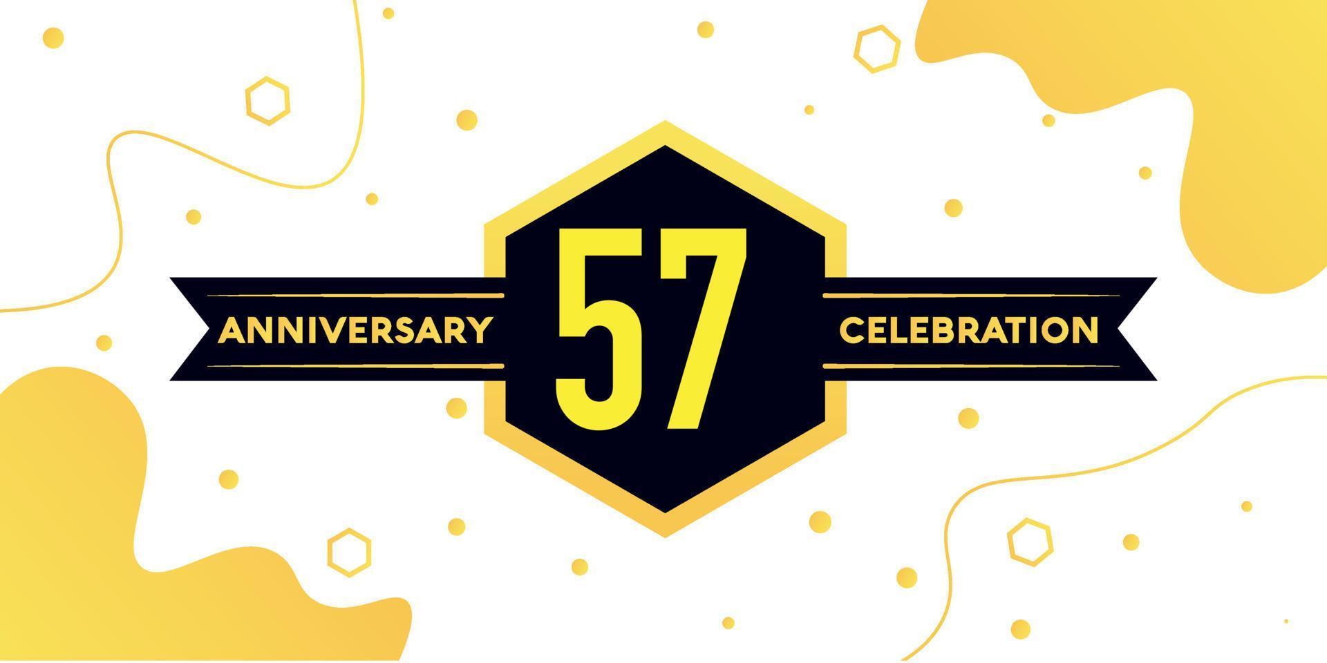 57 years anniversary logo vector design with yellow geometric shape with black and abstract design on white background template