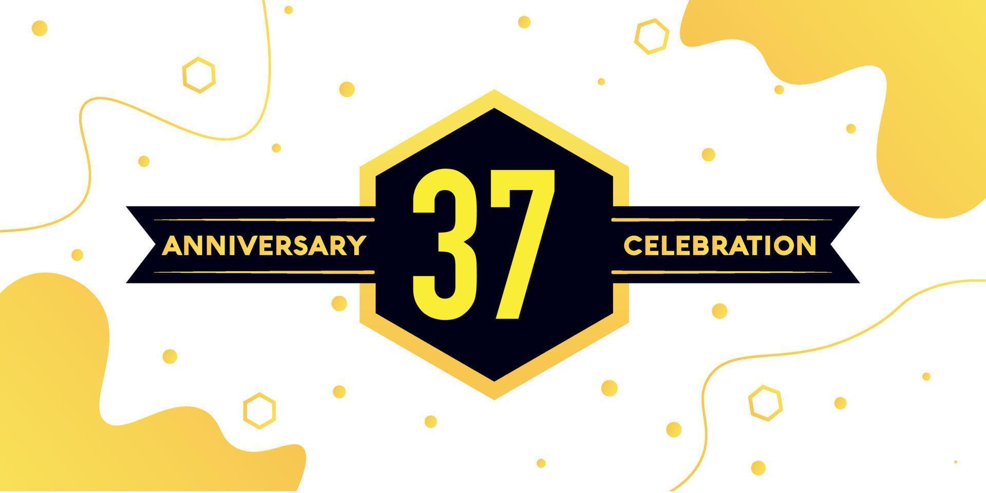 37 years anniversary logo vector design with yellow geometric shape with black and abstract design on white background template