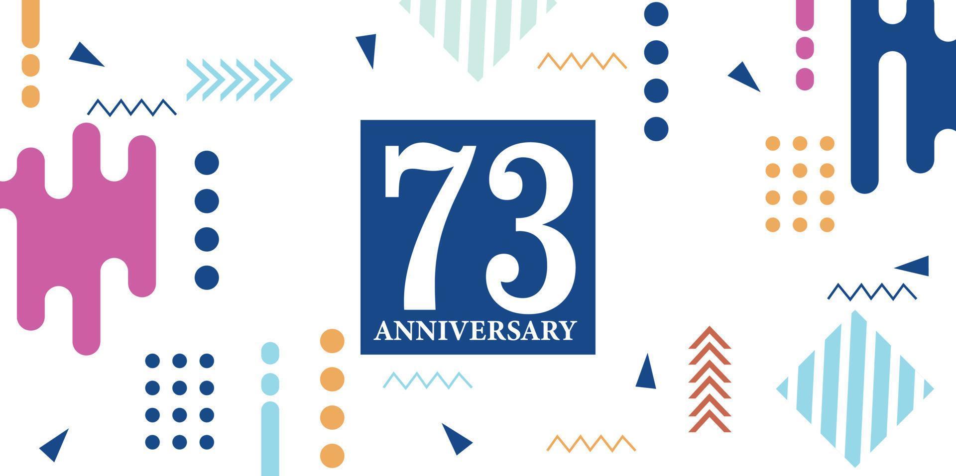 73 años aniversario celebracion logotipo blanco números fuente en azul forma con vistoso resumen diseño en blanco antecedentes vector ilustración