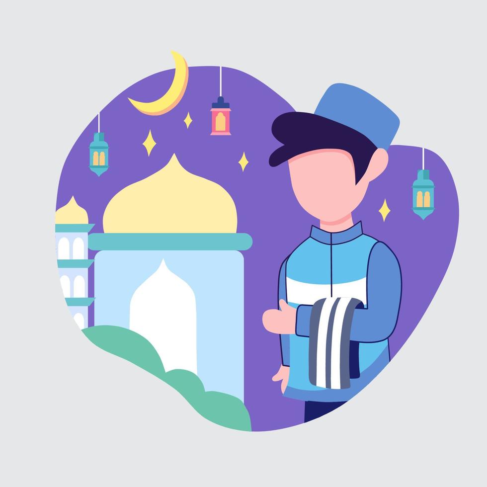 Illustration vector graphic of muslim man on his way to the mosque. Perfect for Ramadhan, Eid Al-Fitr and Islamic fest