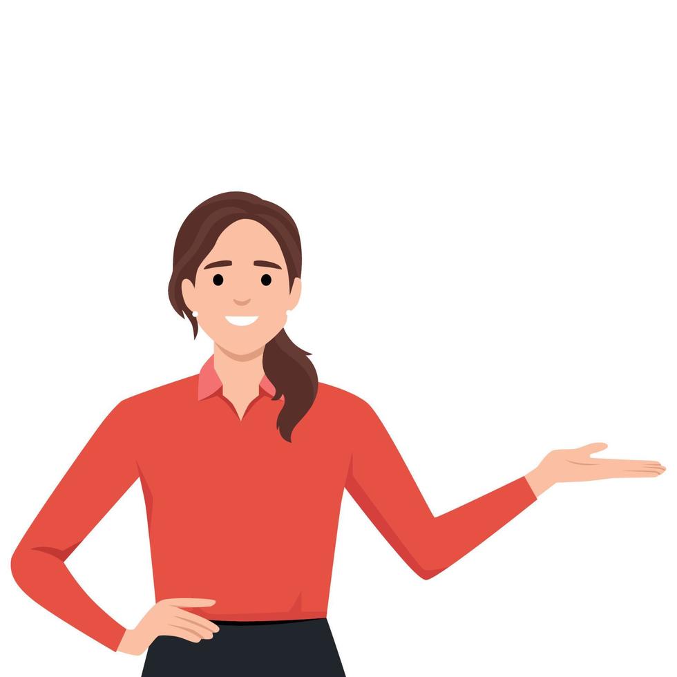 Smiling girl showing open hand palm with copy space banner vector