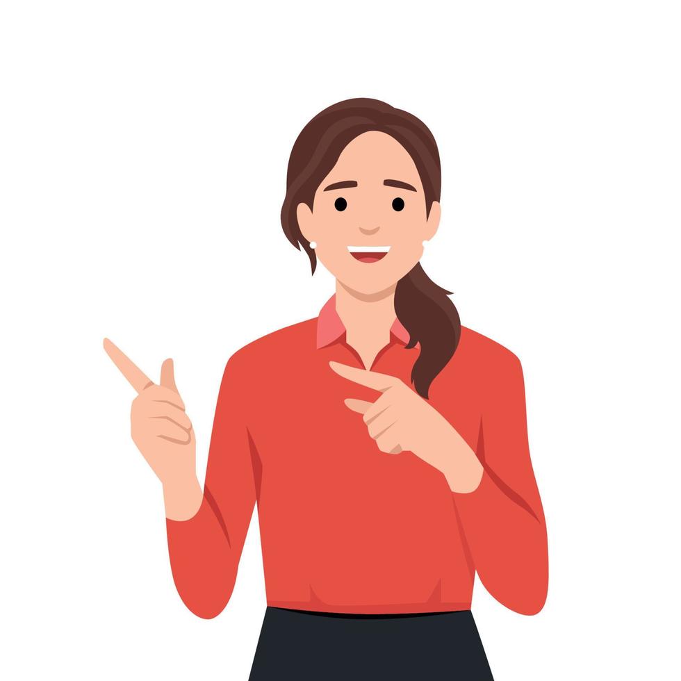 Joyful woman pointing finger at copy space. vector