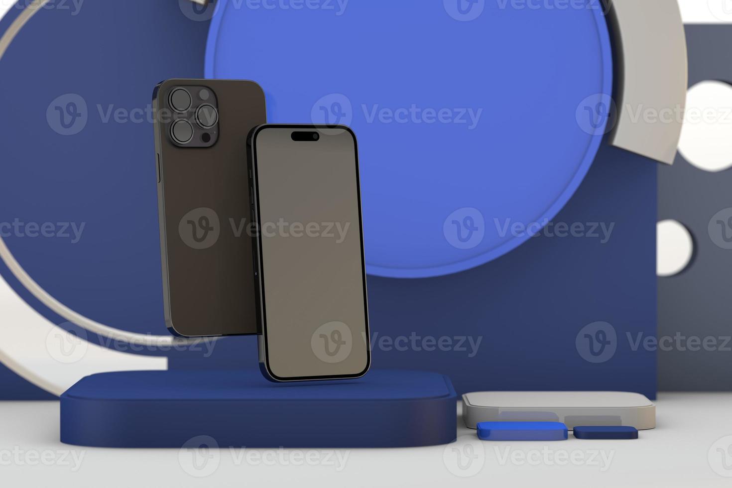 Two black Phone 14 pro on modern scene with podium photo