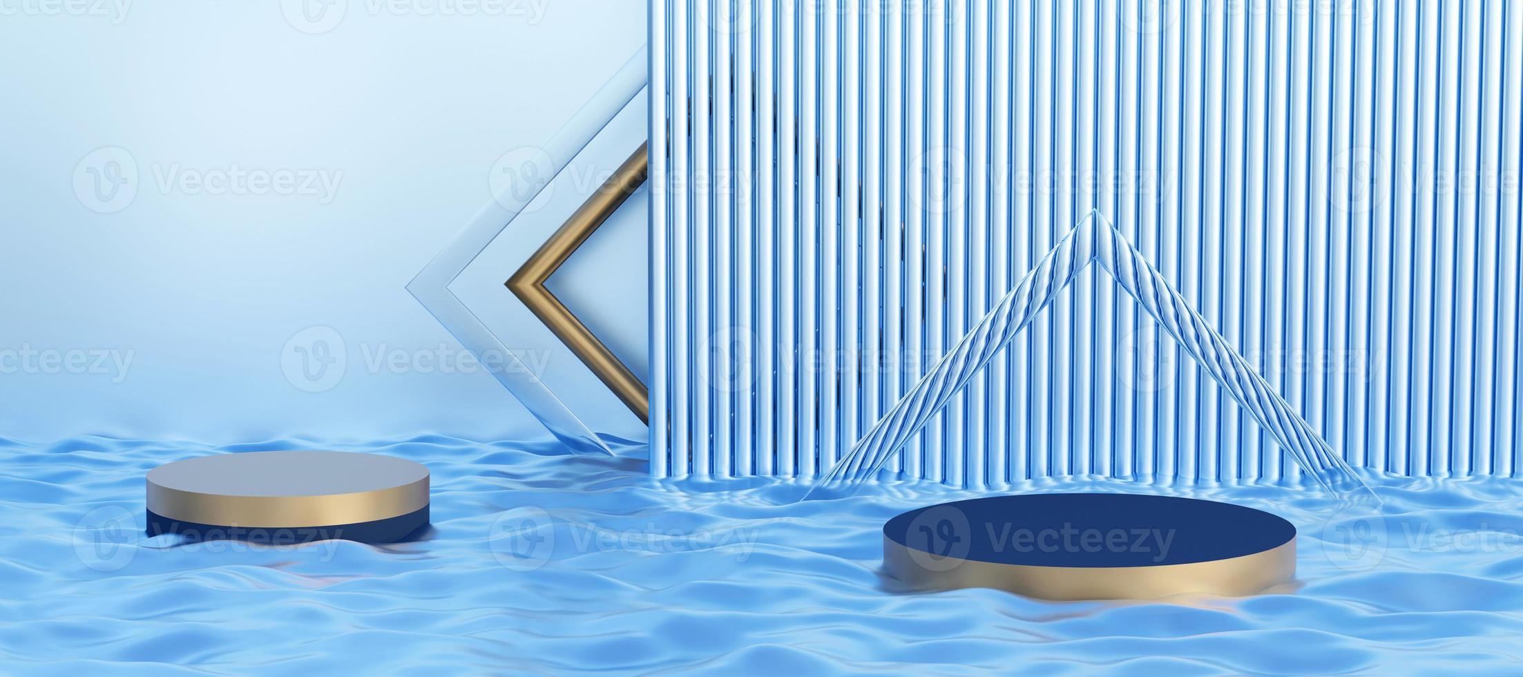 Blue cylinder podium with decorative pool water texture.  Stand to show products. Modern pedestal display with copy space. Banner size. Website cover template. 3D rendering. photo