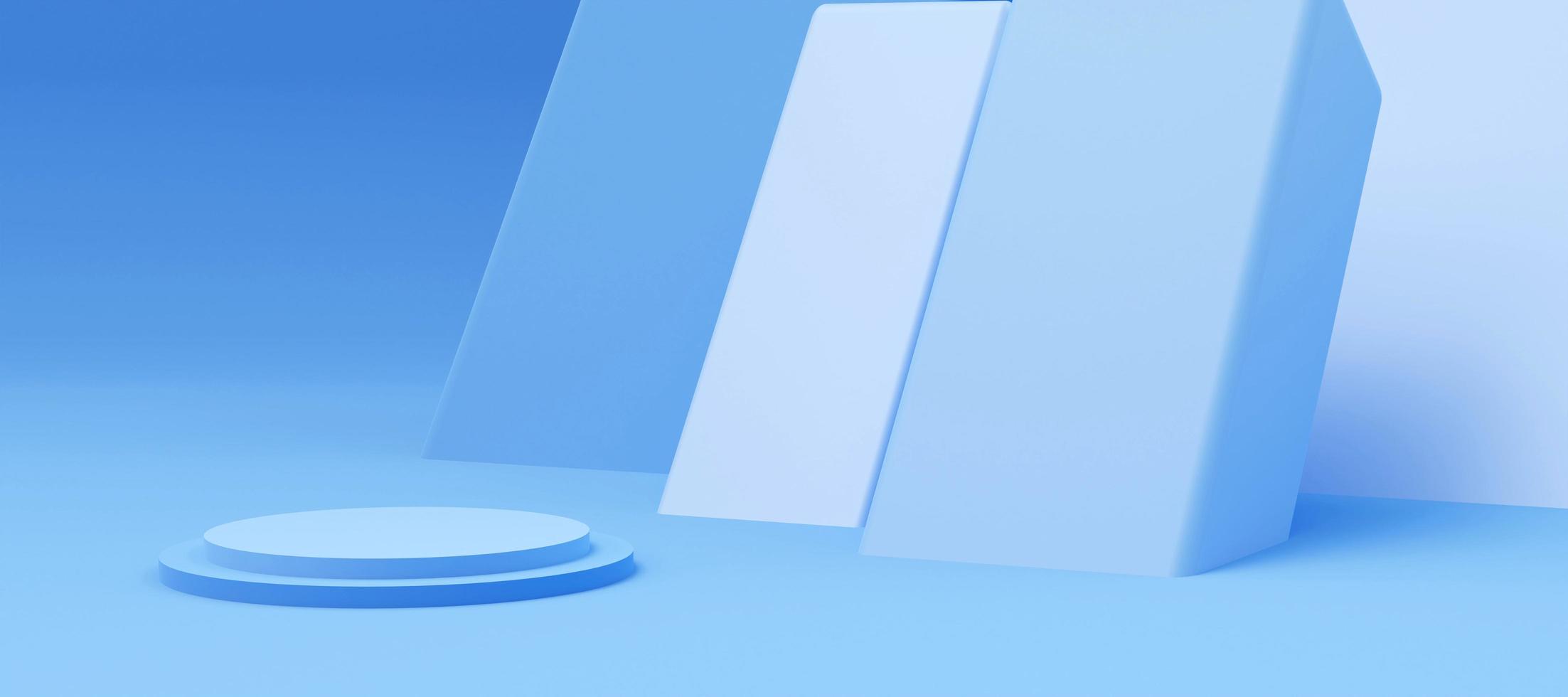 Light Blue cylinder podium with decorative walls.  Stand to show products. Modern pedestal display with copy space. Banner size. Website cover template. 3D rendering. photo