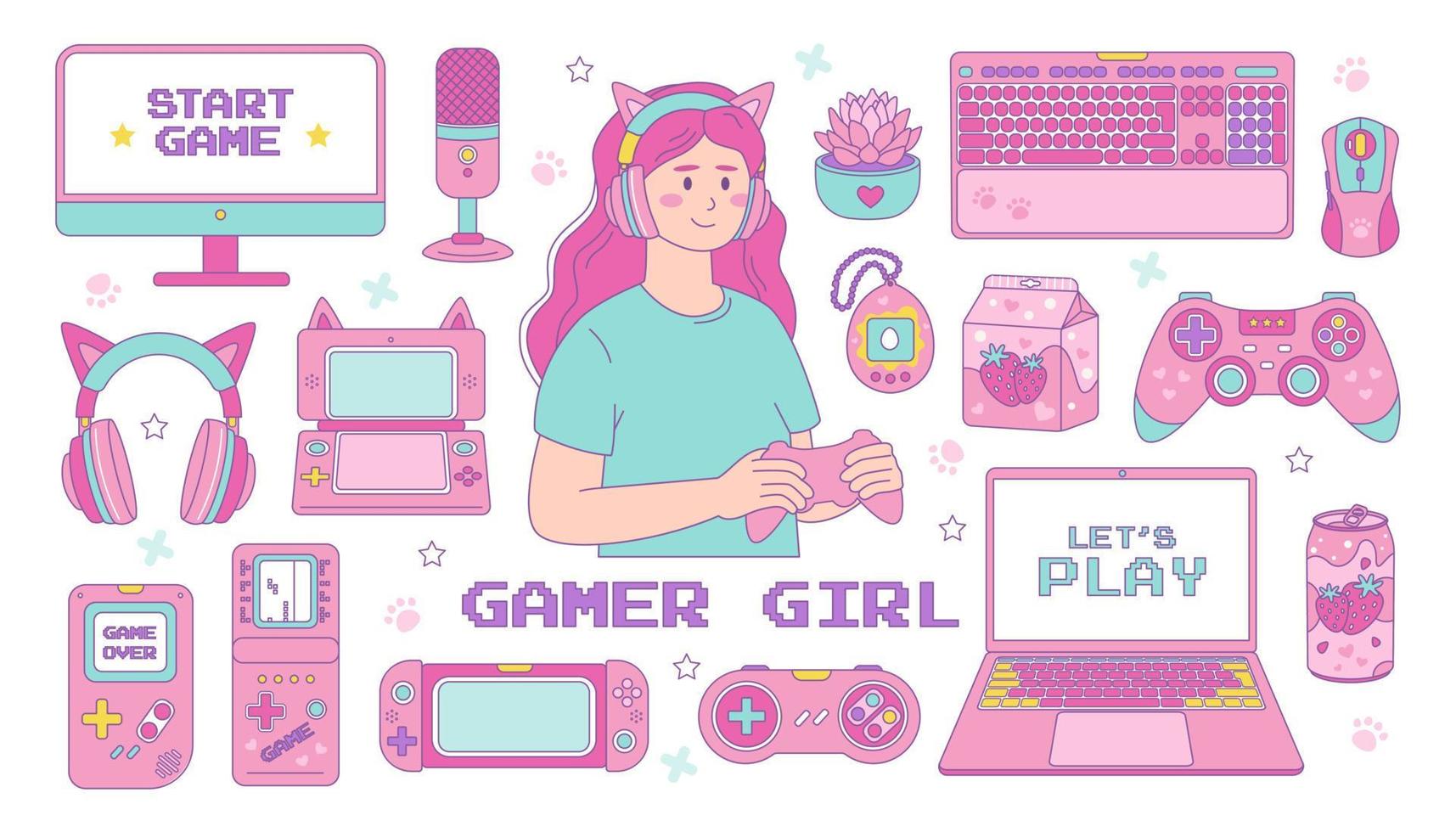 Gamer girl set of kawaii style elements. Vintage pink 90s Games. Vector illustration, joystick, tamagotchi, headphones, gamepad and keyboard
