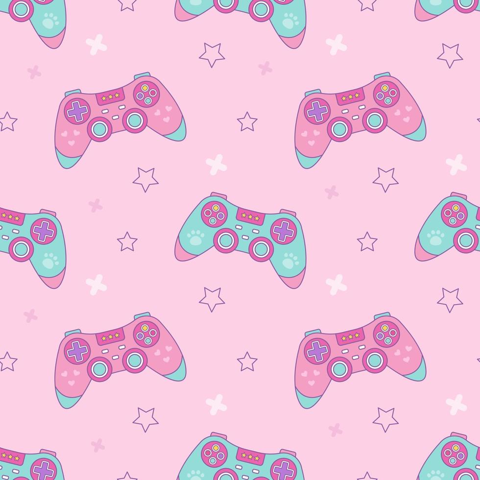 Game joystick on pink background with stars. Vector seamless pattern in kawaii style for gamer girl