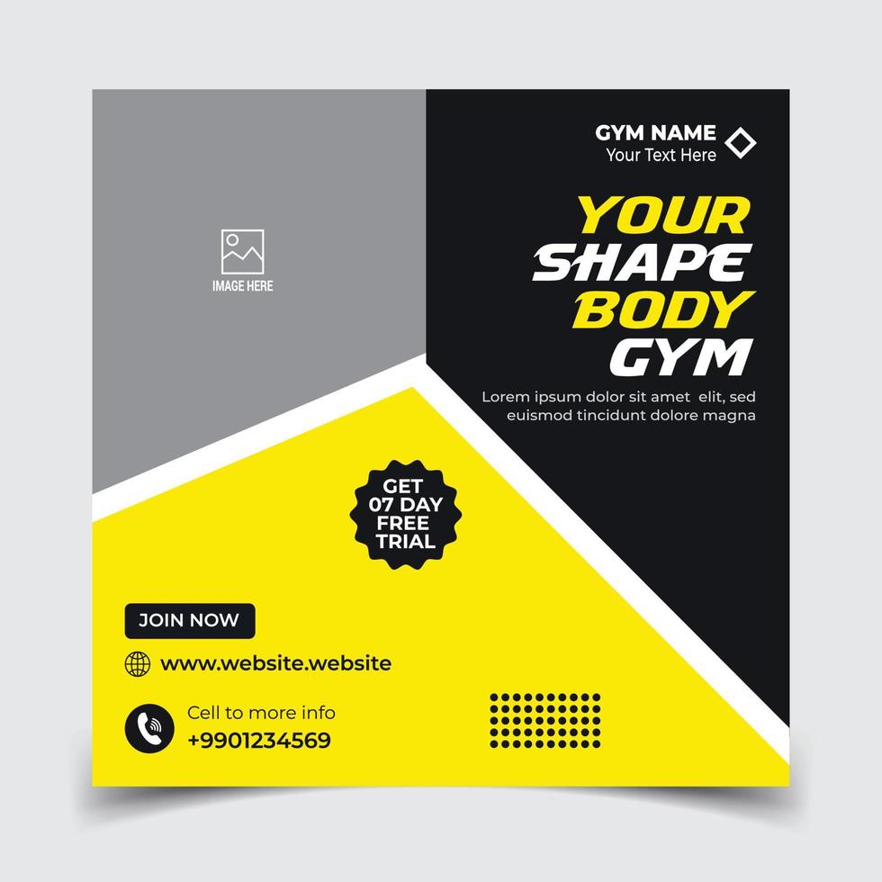 Gym social media post web banner or square flyer template vector