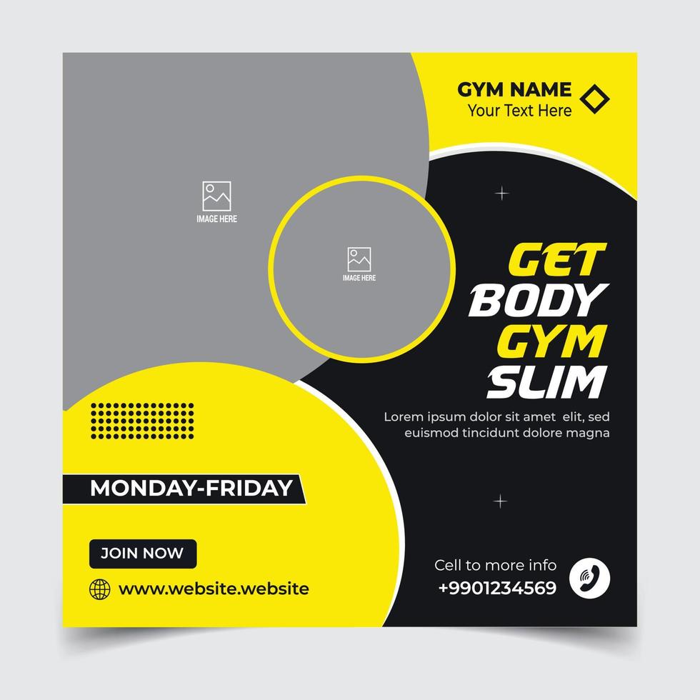 Gym social media post web banner or square flyer template vector