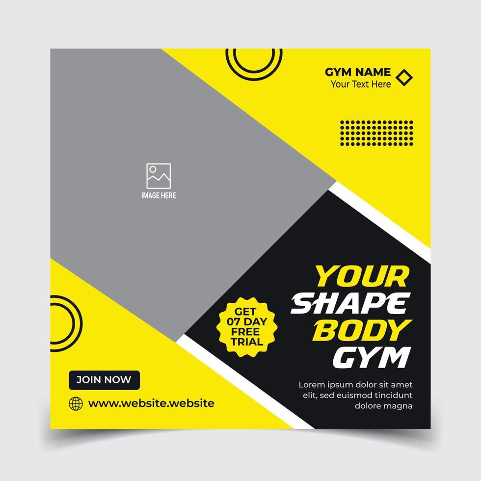 Gym social media post web banner or square flyer template vector