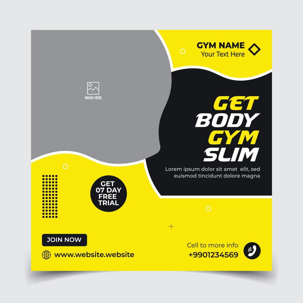 Gym social media post web banner or square flyer template vector