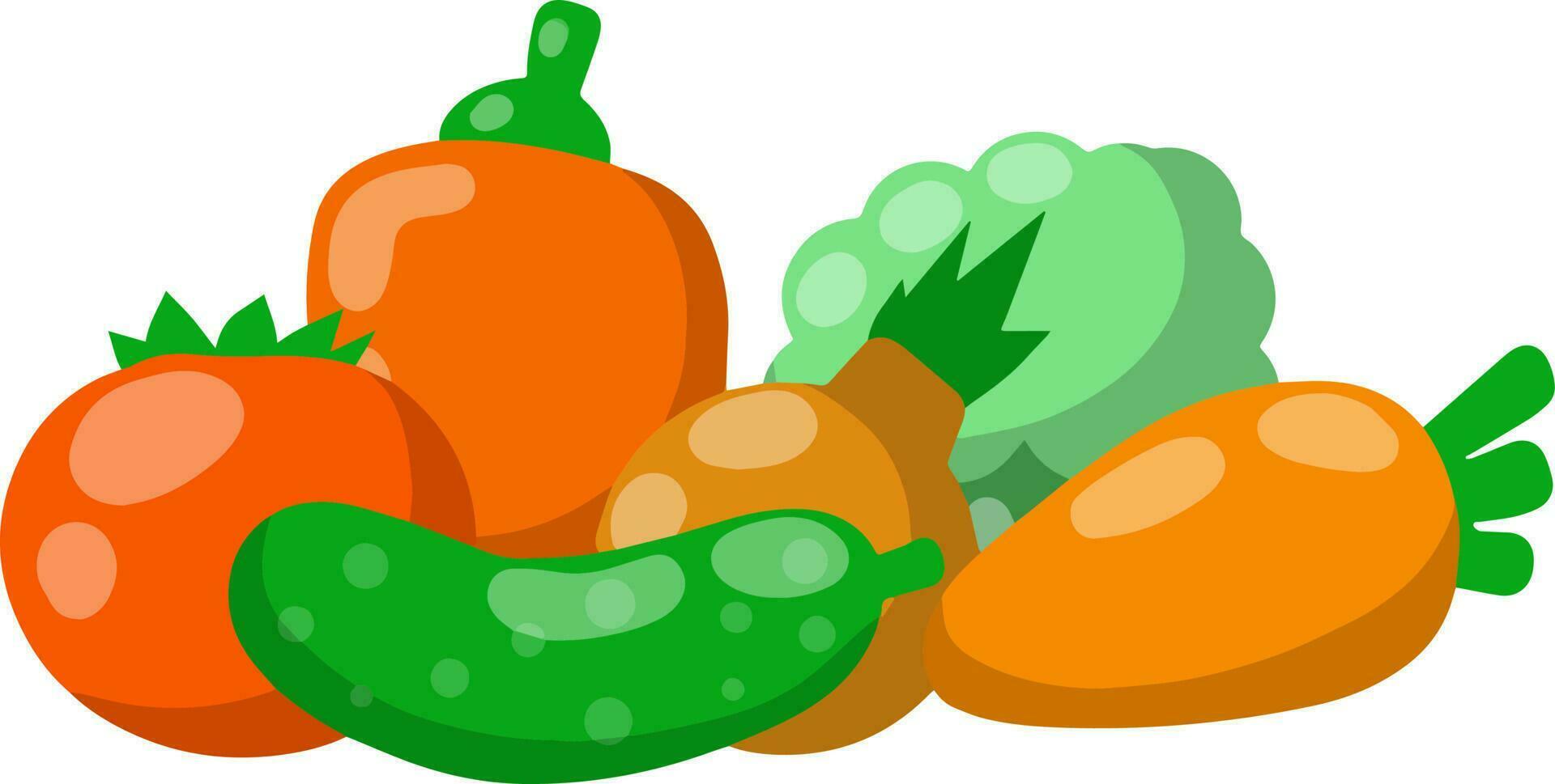 Cartoon flat illustration. Fresh natural village products. Tomato and pepper, onion with cucumber, broccoli, carrot vector