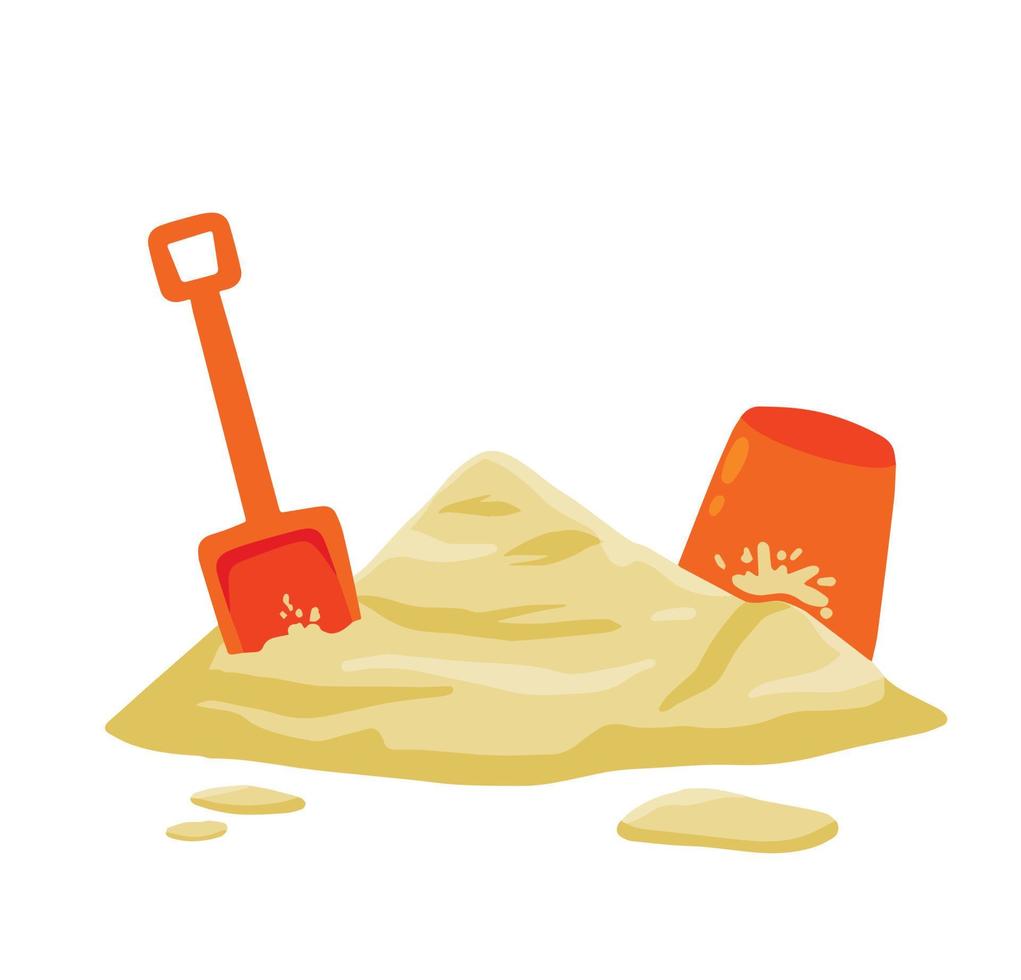 Orange bucket and scoop with pile of sand. Children play on beach. Shovel of kids. Summer holiday. Recreation and entertainment. Cartoon flat illustration vector